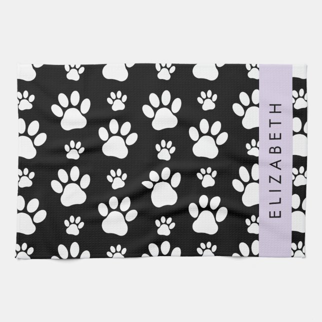 Paw Pattern, Dog Paws, Black and White, Your Name Tea Towel (Horizontal)