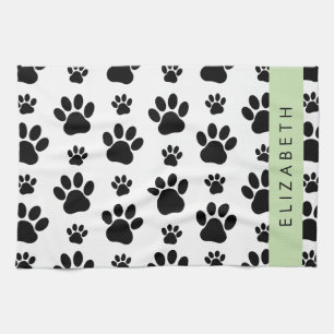 Paw Pattern, Dog Paws, Black and White, Your Name Tea Towel