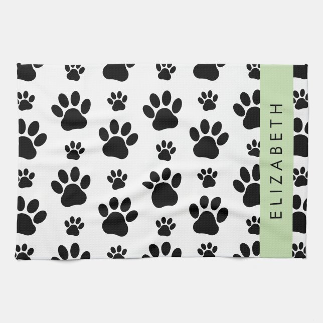 Paw Pattern, Dog Paws, Black and White, Your Name Tea Towel (Horizontal)
