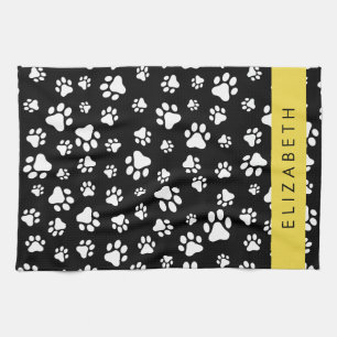 Paw Pattern, Dog Paws, Black and White, Your Name Tea Towel