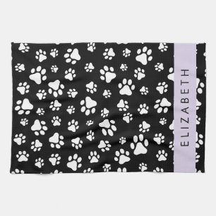 Paw Pattern, Dog Paws, Black and White, Your Name Tea Towel