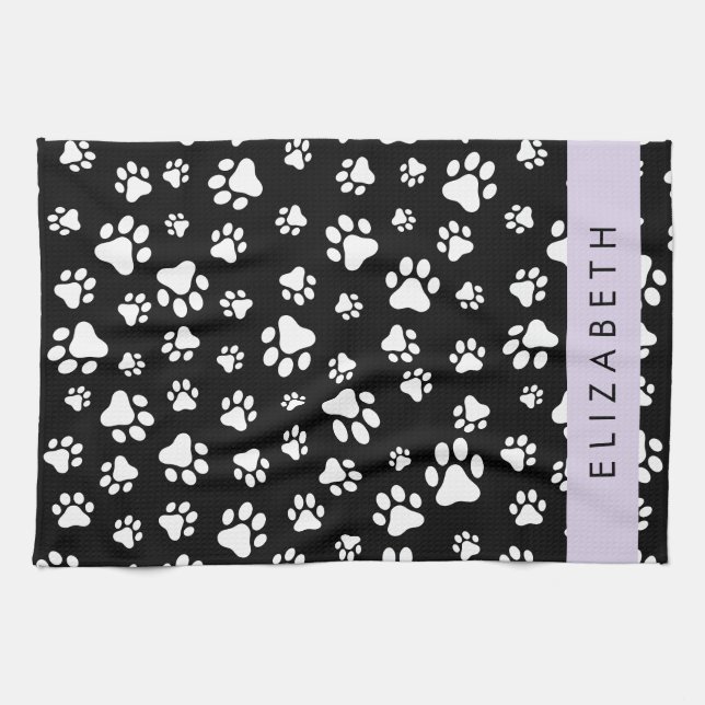 Paw Pattern, Dog Paws, Black and White, Your Name Tea Towel (Horizontal)