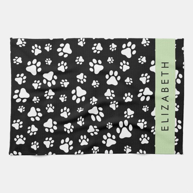 Paw Pattern, Dog Paws, Black and White, Your Name Tea Towel (Horizontal)