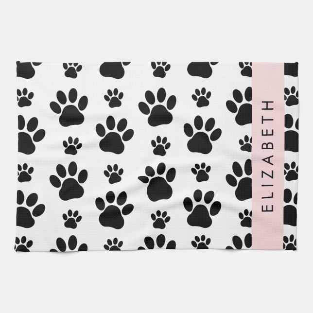 Paw Pattern, Dog Paws, Black and White, Your Name Tea Towel (Horizontal)