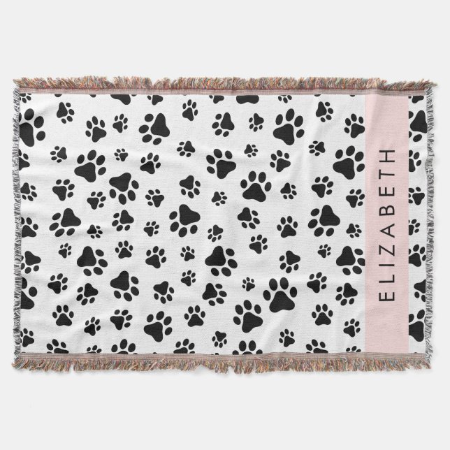 Paw Pattern, Dog Paws, Black and White, Your Name Throw Blanket (Front)