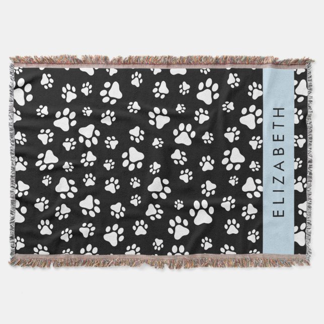 Paw Pattern, Dog Paws, Black and White, Your Name Throw Blanket (Front)