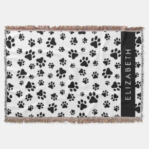 Paw Pattern, Dog Paws, Black and White, Your Name Throw Blanket