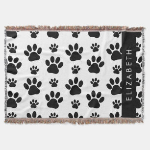 Paw Pattern, Dog Paws, Black and White, Your Name Throw Blanket