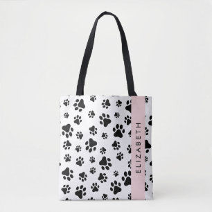 Paw Pattern, Dog Paws, Black and White, Your Name Tote Bag