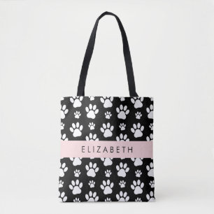 Paw Pattern, Dog Paws, Black and White, Your Name Tote Bag