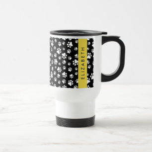 Paw Pattern, Dog Paws, Black and White, Your Name Travel Mug