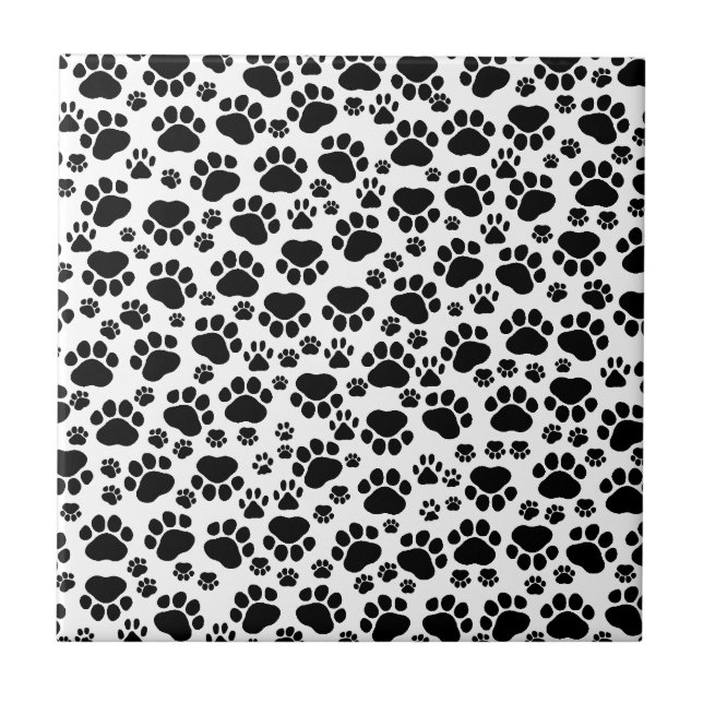 Paw Pattern, Dog Paws, Paw Prints, Black and White Ceramic Tile (Front)
