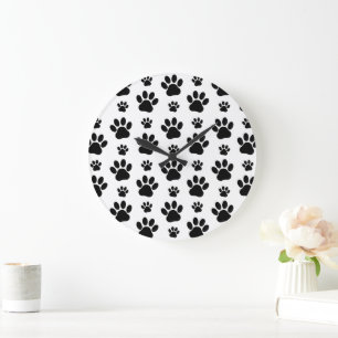Paw Pattern, Dog Paws, Paw Prints, Black and White Large Clock