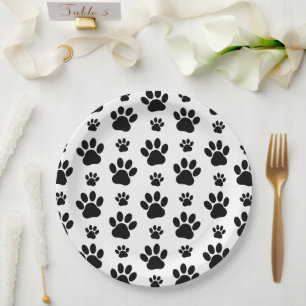 Paw Pattern, Dog Paws, Paw Prints, Black and White Paper Plate