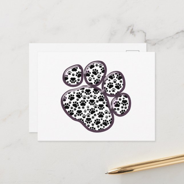 Paw Pattern, Dog Paws, Paw Prints, Black and White Postcard (Front/Back In Situ)