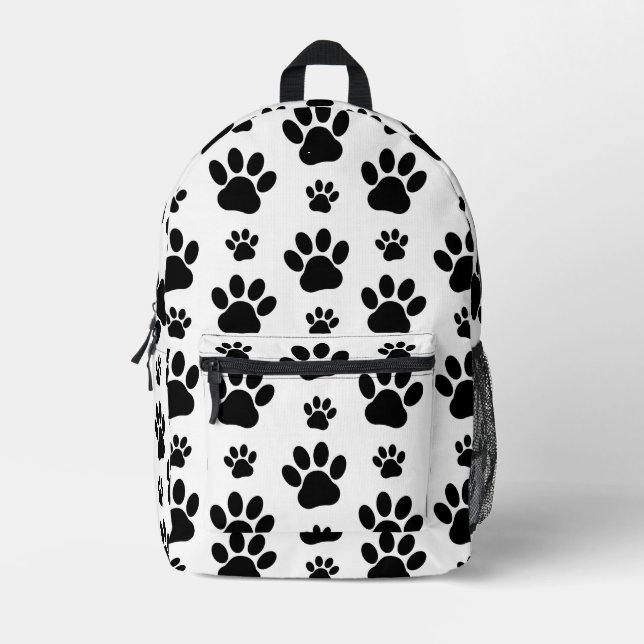 Paw Pattern, Dog Paws, Paw Prints, Black and White Printed Backpack (Front)