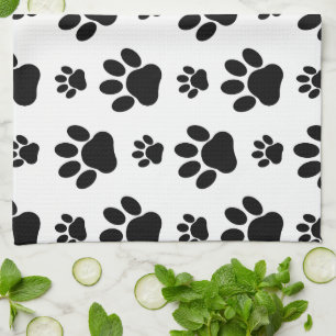 Paw Pattern, Dog Paws, Paw Prints, Black and White Tea Towel