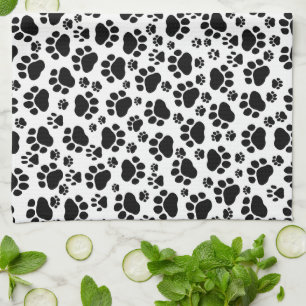 Paw Pattern, Dog Paws, Paw Prints, Black and White Tea Towel