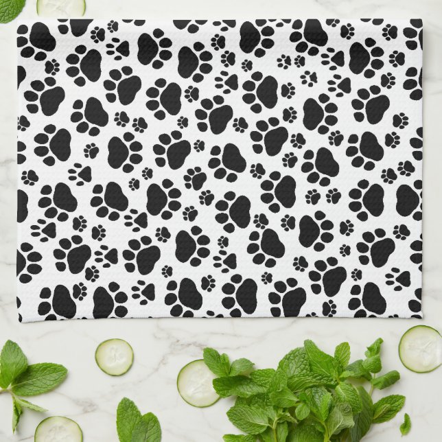 Paw Pattern, Dog Paws, Paw Prints, Black and White Tea Towel (Folded)