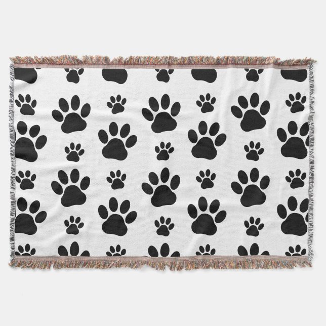 Paw Pattern, Dog Paws, Paw Prints, Black and White Throw Blanket (Front)
