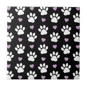 Paw Pattern, Dog Paws, White Paws, Lilac Hearts Ceramic Tile