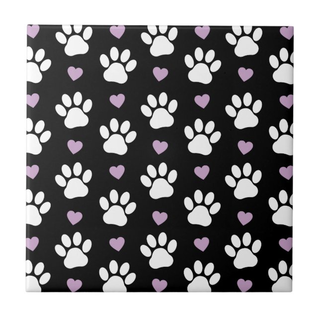 Paw Pattern, Dog Paws, White Paws, Lilac Hearts Ceramic Tile (Front)