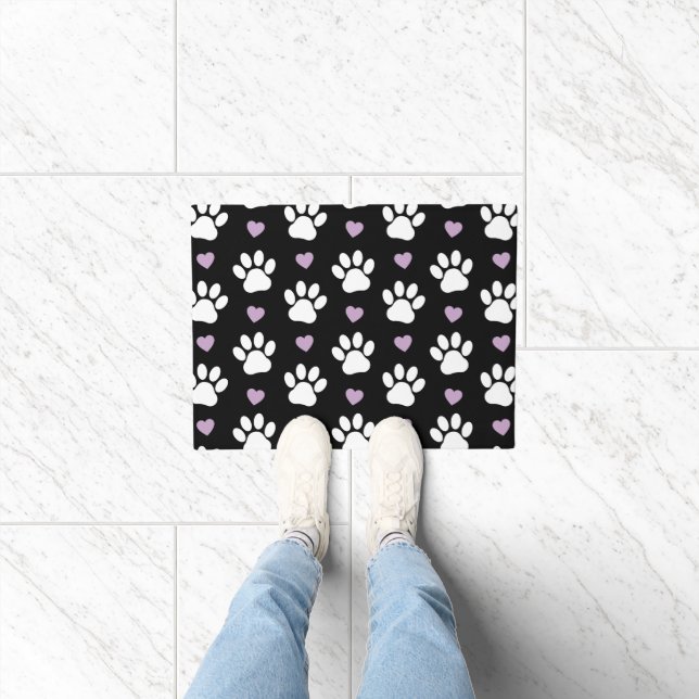 Paw Pattern, Dog Paws, White Paws, Lilac Hearts Doormat (Indoor)