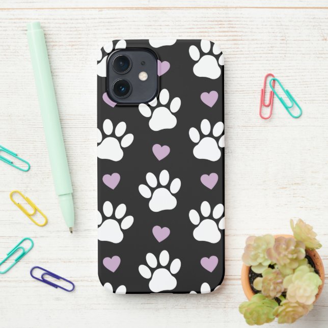 Paw Pattern, Dog Paws, White Paws, Lilac Hearts iPhone Case (On Desk)