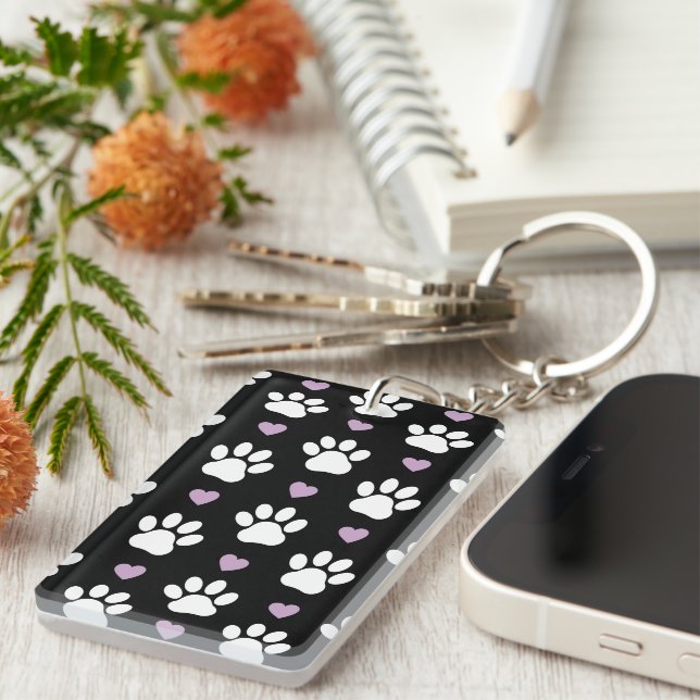 Paw Pattern, Dog Paws, White Paws, Lilac Hearts Key Ring (Front Right)