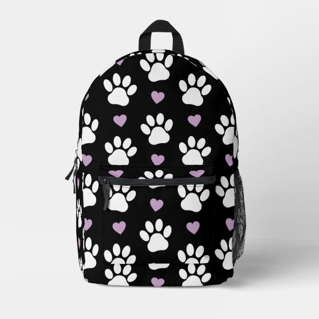 Paw Pattern, Dog Paws, White Paws, Lilac Hearts Printed Backpack (Front)