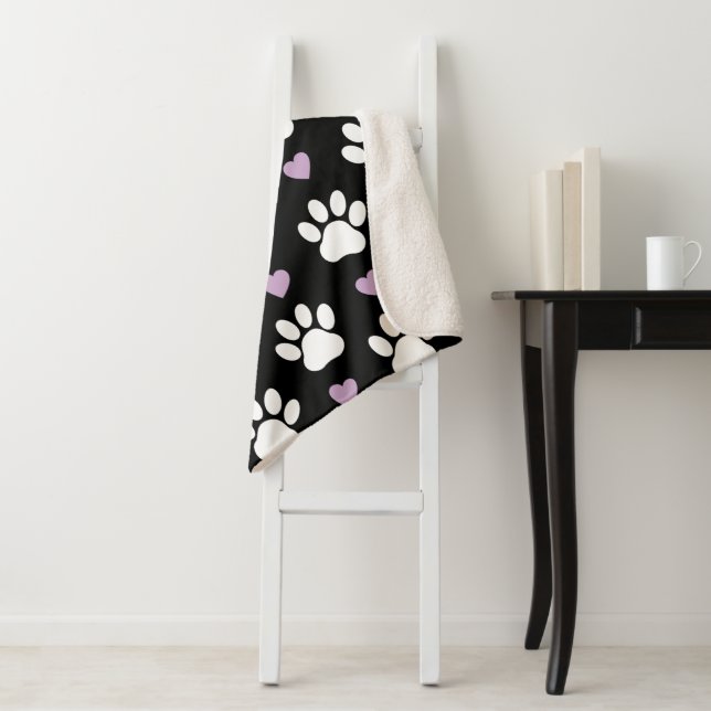 Paw Pattern, Dog Paws, White Paws, Lilac Hearts Sherpa Blanket (In Situ)