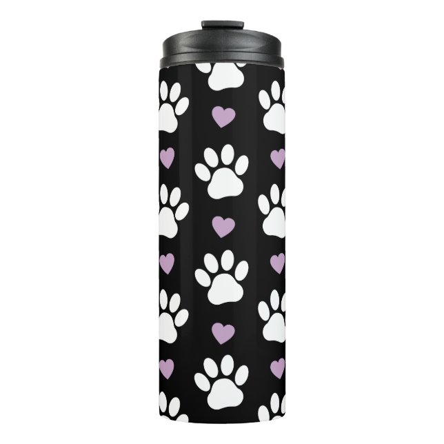 Paw Pattern, Dog Paws, White Paws, Lilac Hearts Thermal Tumbler (Front)
