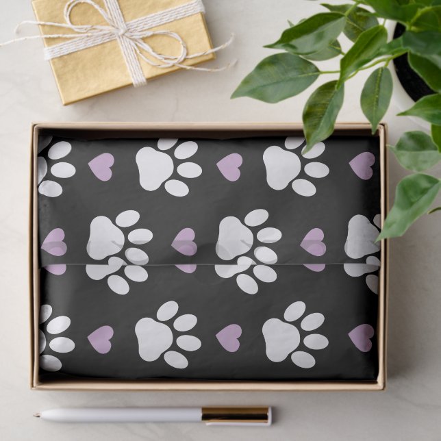 Paw Pattern, Dog Paws, White Paws, Lilac Hearts Tissue Paper (Gift)