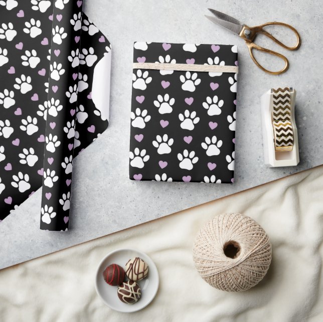 Paw Pattern, Dog Paws, White Paws, Lilac Hearts Wrapping Paper (Crafts)