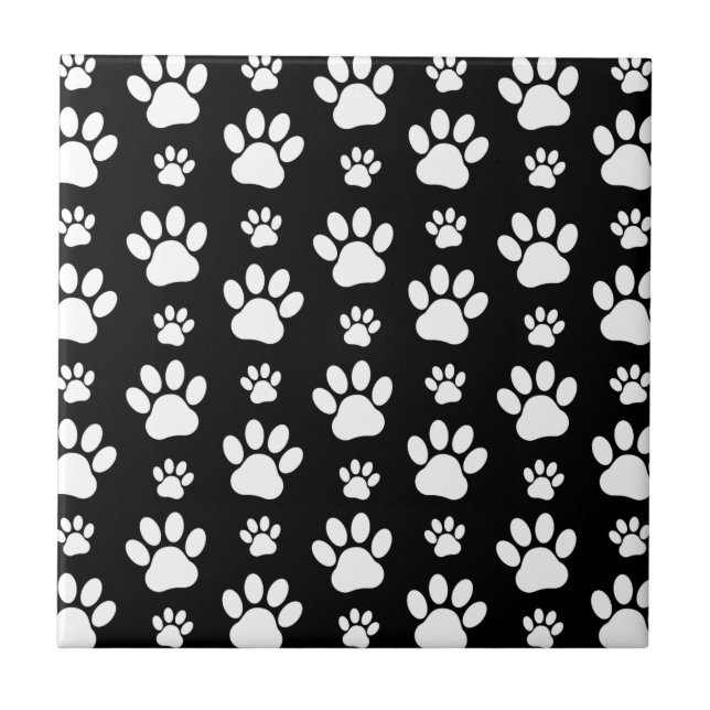 Paw Pattern, Paw Prints, Dog Paws, Black and White Ceramic Tile (Front)