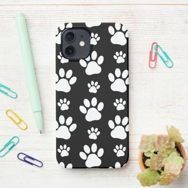 Paw Pattern, Paw Prints, Dog Paws, Black and White iPhone Case (On Desk)