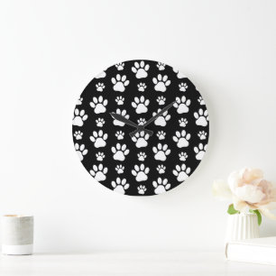Paw Pattern, Paw Prints, Dog Paws, Black and White Large Clock