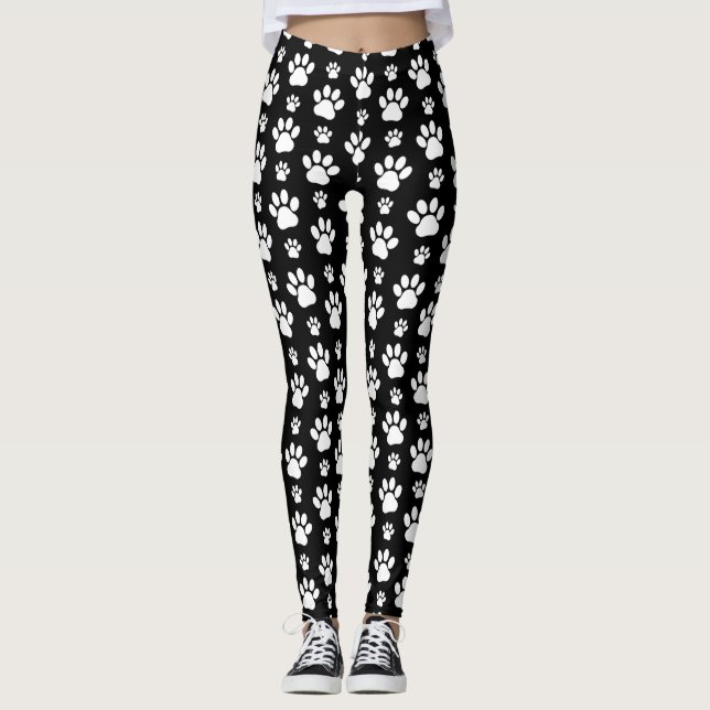 Paw Pattern, Paw Prints, Dog Paws, Black and White Leggings (Front)