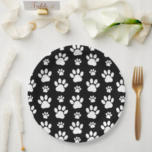 Paw Pattern, Paw Prints, Dog Paws, Black and White Paper Plate