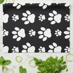 Paw Pattern, Paw Prints, Dog Paws, Black and White Tea Towel