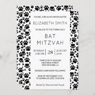 Paw Pattern, Paws, Black and White, Bat Mitzvah Invitation