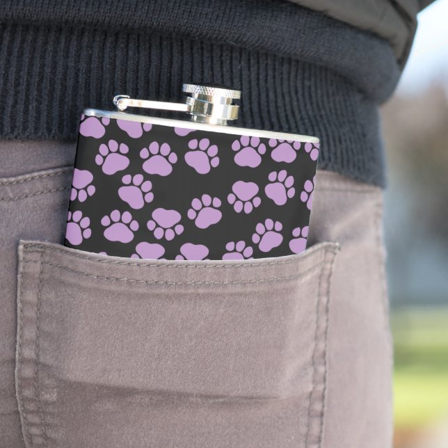 Paw Pattern, Purple Paws, Dog Paws, Animal Paws Hip Flask (In Situ)