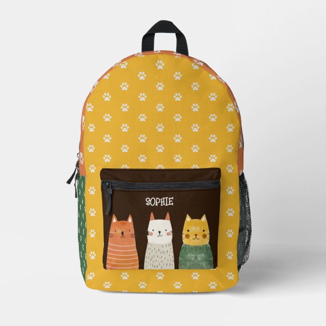 Paw Pattern Whimsical Cats Colourful Custom Name Printed Backpack (Front)