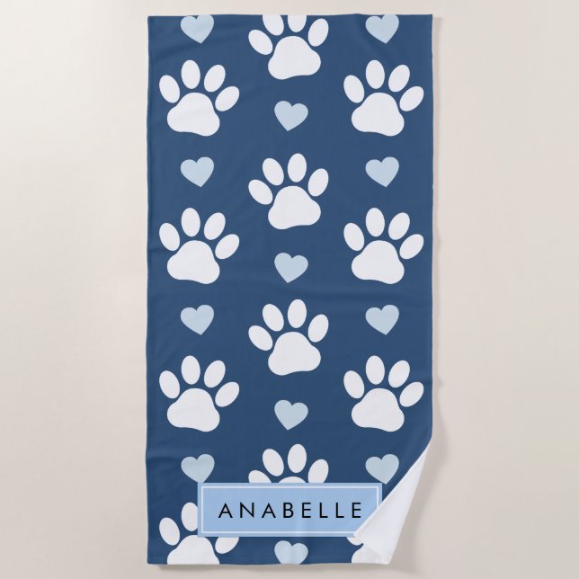 Paw Pattern, White Paws, Blue Hearts, Your Name Beach Towel (Front)