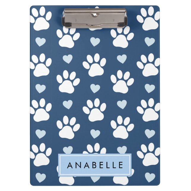 Paw Pattern, White Paws, Blue Hearts, Your Name Clipboard (Front)