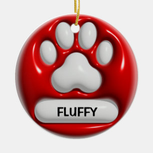 Paw Pet Print 3D Red White Personalised Name Ceramic Ornament