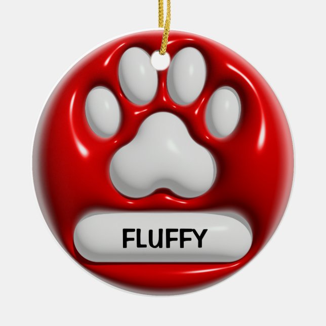 Paw Pet Print 3D Red White Personalised Name Ceramic Ornament (Front)