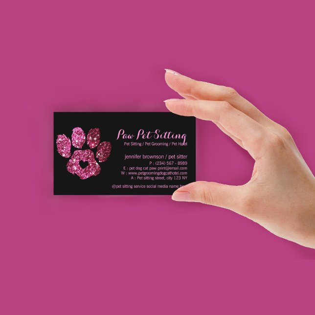 Paw Pet Sitter Grooming Glitter Pink Black Dog Cat Business Card (Paw Pet Sitter Grooming Glitter Pink Black Dog Cat Business Card)