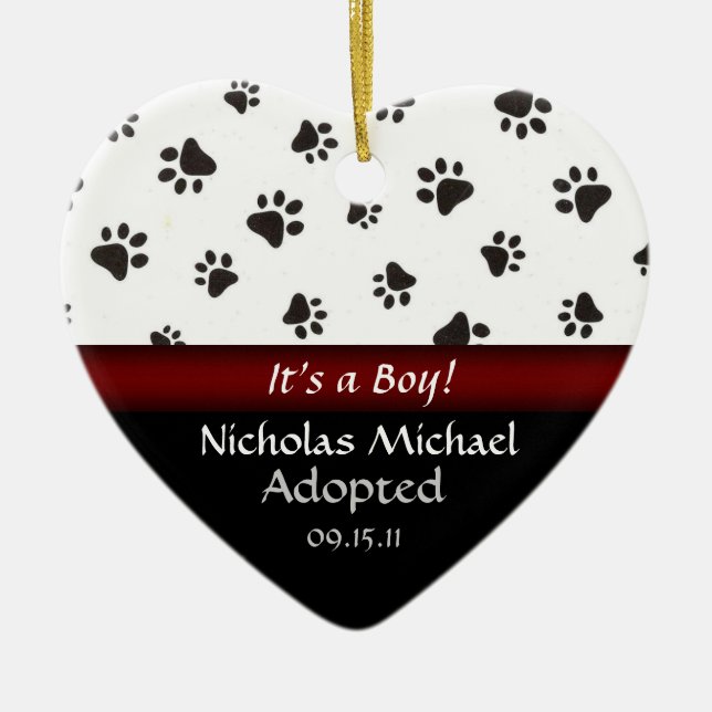 Paw Print Adoption Announcement Keepsake Ceramic Tree Decoration (Front)