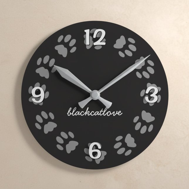  Paw Print Black Personalised Wall Clock (A black cat paw print wall clock with your best friend's name. )